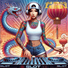 a painting of a woman wearing headphones and a hat with the word slot on the mixer