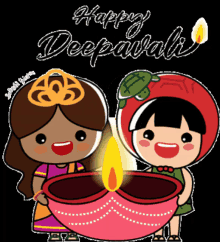 a cartoon of two girls holding a candle with the words happy deepavali written below them