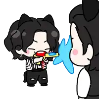 a cartoon drawing of a man holding a blue heart in his mouth