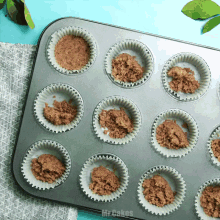 a muffin pan filled with cupcakes with the words mr. cakes written on the bottom
