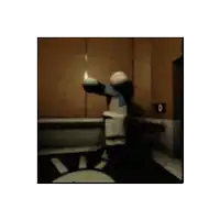 a cartoon character is standing in a dark room with a clock in the background