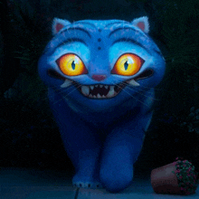a blue cat with orange eyes and sharp teeth