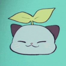 a drawing of a cat with a green leaf on top of its head
