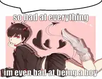 a drawing of a boy with horns and a tail says so bad at everything im even bad at being a boy