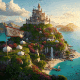 a castle on top of a hill with a flag that says flynn
