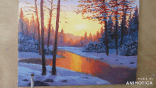 a painting of a snowy forest with the words made in animotica below it