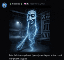 a picture of a ghost in front of a pentung pos ron building