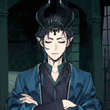 a man with horns on his head is standing with his eyes closed