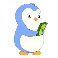 a blue and white penguin is holding a stack of dollar bills