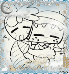a black and white drawing of two people hugging with the words goodnight written on the bottom