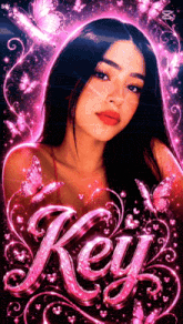 a woman is surrounded by pink butterflies and the word key on a purple background