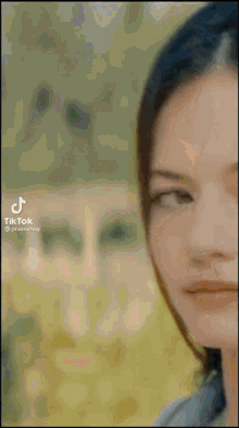 a close up of a woman 's face with a blurry background