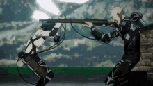 a man is holding a gun while another man holds a rifle