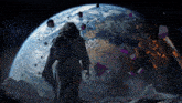 a man in a robe is standing in front of a planet