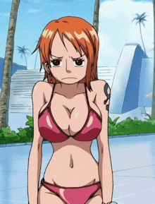 a cartoon of nami in a pink bikini with a tattoo on her arm