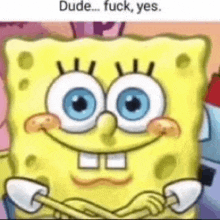 a close up of a spongebob squarepants cartoon character with blue eyes holding a stick .