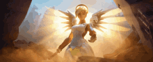 a woman with angel wings is holding a gun in a video game
