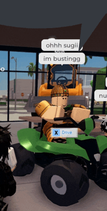 a video game character is sitting in a green vehicle with a sign that says x drive on it