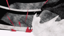 a black and white painting with red lines on a black background