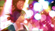 a cartoon of a girl with a bun in her hair surrounded by colorful lights