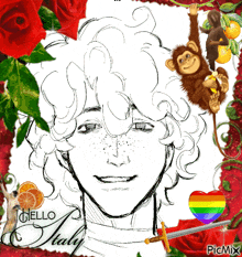 a drawing of a man with curly hair and the words hello italy on the bottom
