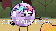a disco ball with stars on it 's face and the words " cut it out now " below it