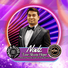 a man in a tuxedo is featured on a magic 8 elites poster