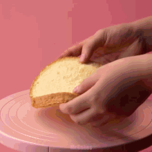 a person is holding a piece of bread on a pink cake stand with the words mr.cakes visible in the corner