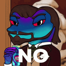 a cartoon character holding a can of blue bottled water