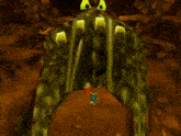 a cartoon character is standing in front of a giant monster