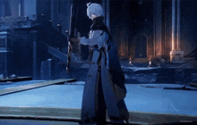 a man in a blue coat is holding a sword in a video game