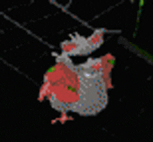 a pixel art drawing of a chicken in a red dress