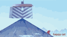 a cartoon drawing of a cat on top of a mountain with the word happy cat below it