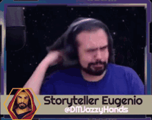 a man wearing headphones with the name storyteller eugenio at the bottom
