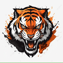 a colorful illustration of a tiger 's head with its mouth open on a white background .