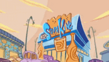 a cartoon drawing of a store called sex kit with cars in front of it