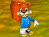 a cartoon squirrel is sitting on the ground wearing a blue jacket .