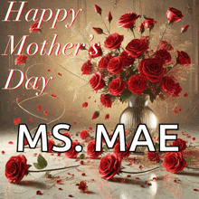 a happy mother 's day card with red roses in a vase