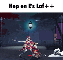 a video game scene with the words hop on e 's laf + +