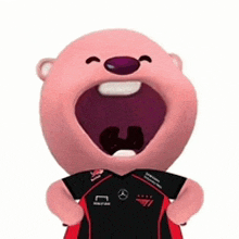 a pink teddy bear is wearing a black and red shirt with the number 77 on the front