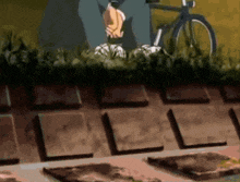 a cartoon of a man sitting next to a bike