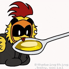 a cartoon of a chicken holding a spoon full of honey