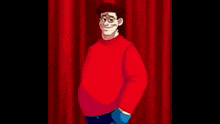 a cartoon man is wearing a purple suit and tie .