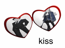 a pair of heart shaped glasses with a man in a suit and the word kiss below