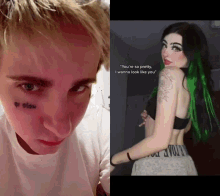 a man with a tattoo on his face next to a picture of a girl with green hair