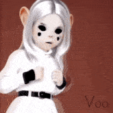 a drawing of a girl with white hair and black eyes and the word voo on the bottom