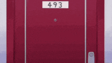 a cartoon character is standing in front of a red door with a sign that says 493 .