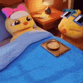 a cartoon duck is laying in bed next to another duck wearing sunglasses and a pink bow