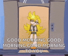 a cartoon character is standing in an elevator and says good morning good morning good morning to you