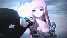 a girl with pink hair and blue eyes is holding a glowing object in her hand